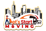 Let's Start Moving company logo featuring a NYC skyline, a mover with a hand truck, and a moving truck silhouette.